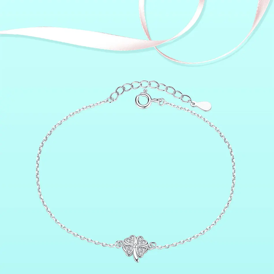 Authentic 925 Sterling Silver Bracelet Adjustable Chain Lucky Clover Cubic Zirconia Charm Bracelets for Women Wedding Jewelry |