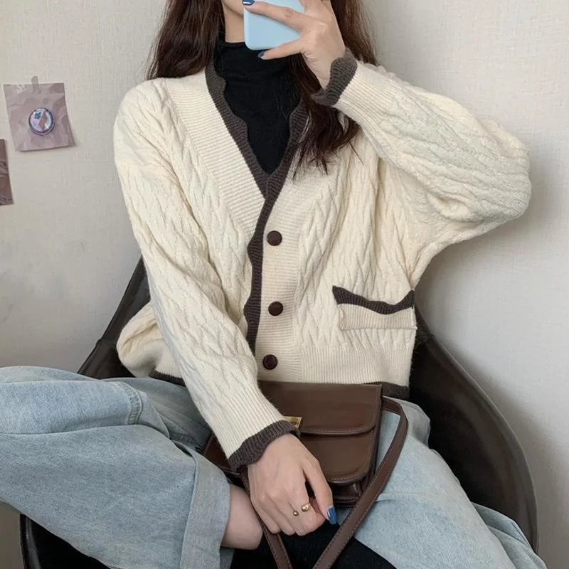 Осенне-зимний новый корейский вязаный кардиган с v-образным вырезом контрастного