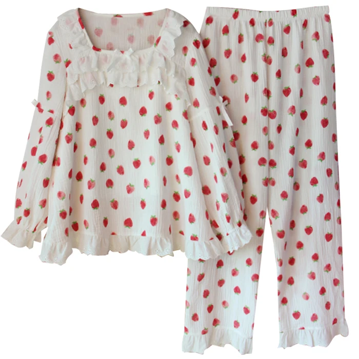 

Lady's Pajamas Spring and Autumn Cotton Long Sleeve Square-Neck Nighty Lotus Leaf Cotton Strawberry Print Sleepwear Homewear Set