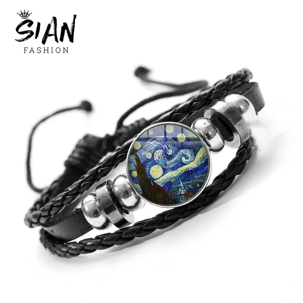 

SINA Classic Van Gogh Art Painting Series Bracelet New Arrival Starry Night Sunflower Handmade Leather Bracelets Men Women Gift