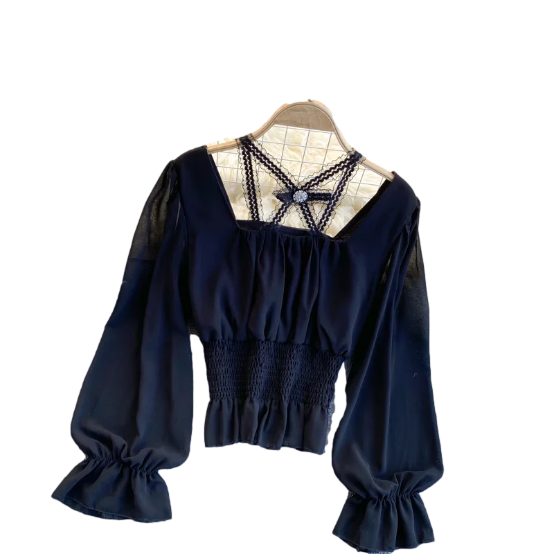 

2021 Fashion Temperament Spring Chiffon Blouse Lace Sling Stitching Blusa Slim Short Puff Sleeve Shirt C400