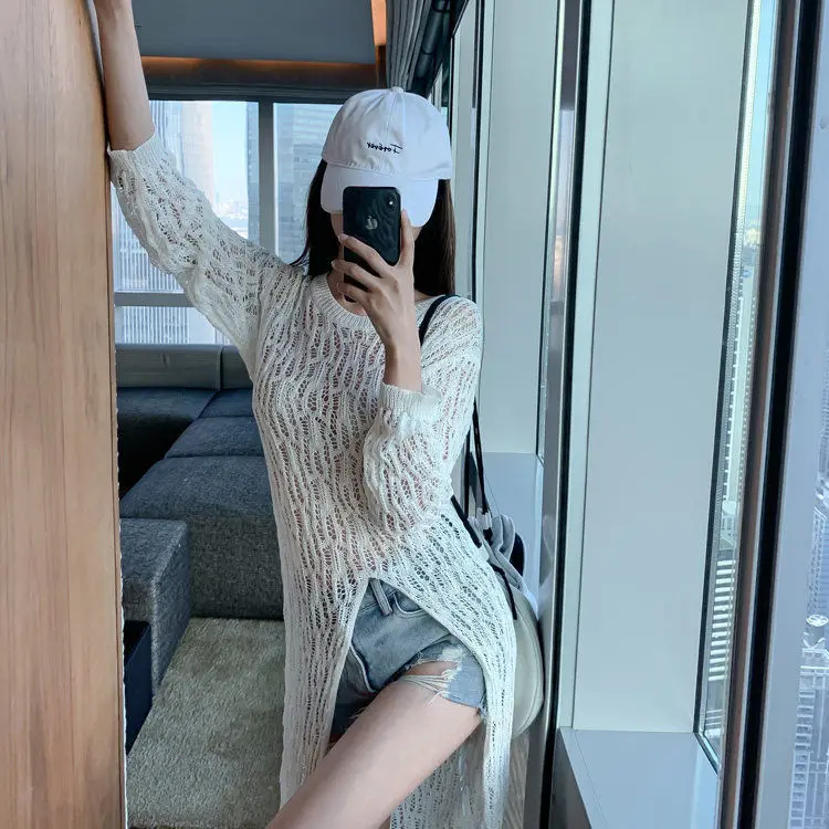 

Summer New Solid Color Mid -Length Sexy Cutout Split Thin Knitted Sun Protection Shirt Women 's Design Fashion All -Matching