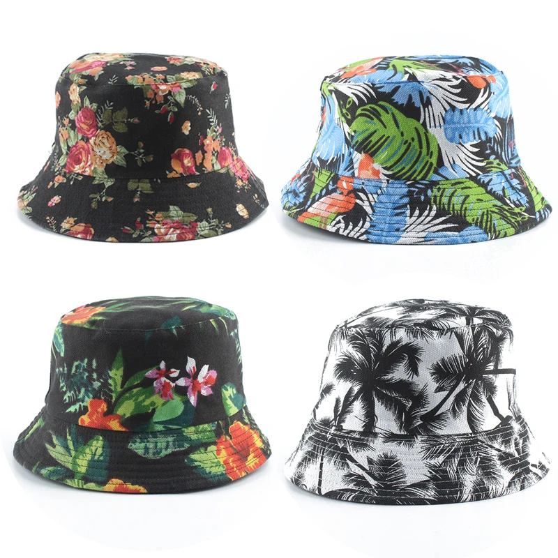 

2021 New Fashion Summer Coconut Tree Flower Printed Fisherman Caps Panama Bucket Hat Reversible Gorro Pescador Men Women