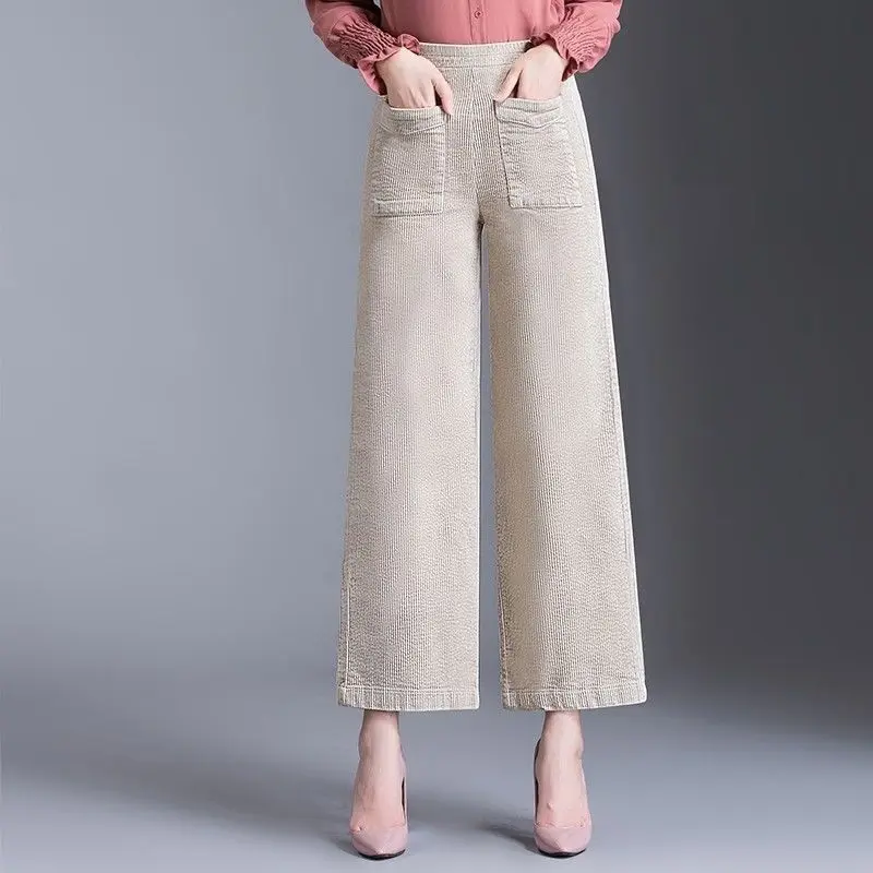 

2022 Women Autumn Winter New Large-size Corduroy Pants Female High Waist Wide-leg Pants Ladies Middle-aged Casual Trousers R975