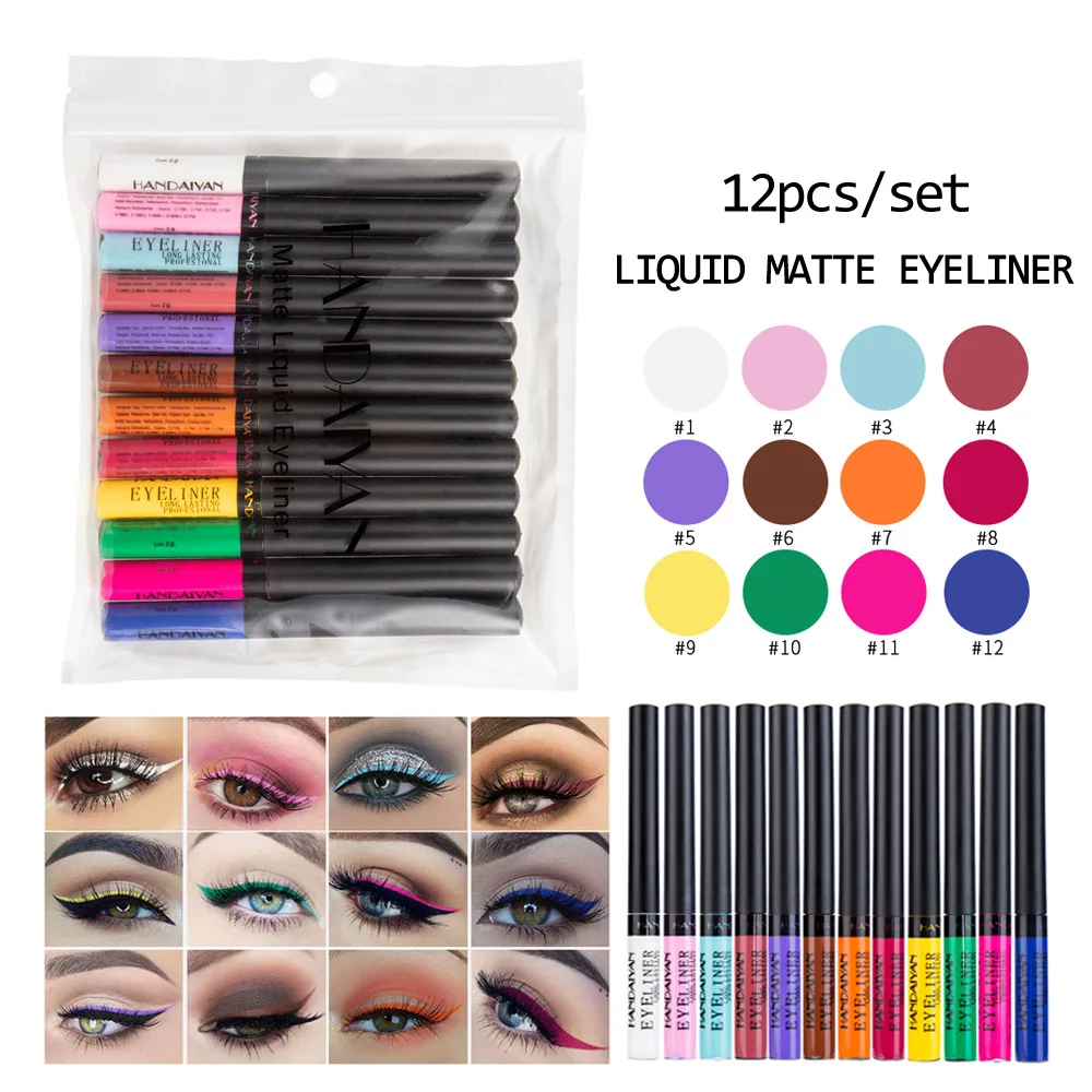 

Makeup 12pcs/sets colord eyeliner color Handaiyan delineadores de ojos glitter color WHITE Liquid Eye liner make up wholesale