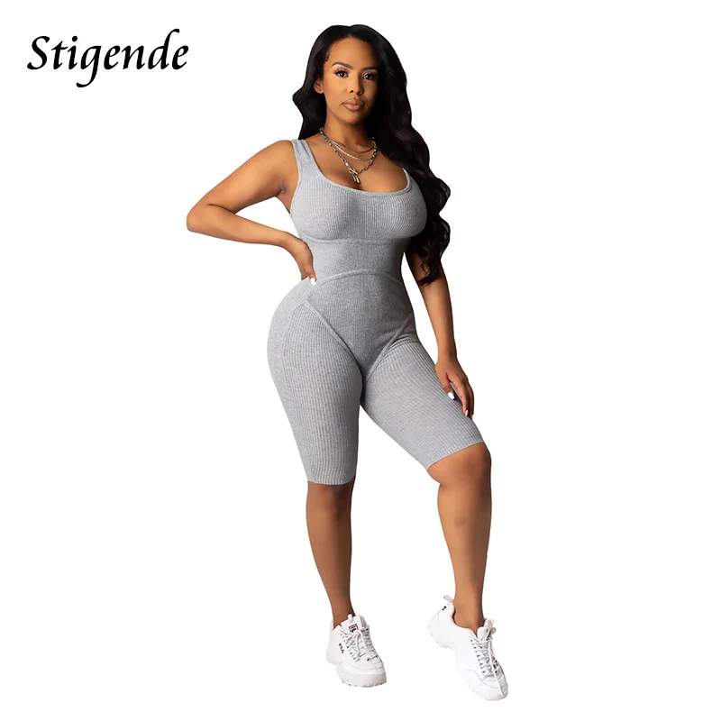 

Stigende Summer Sleeveless Bodycon Fitness Playsuit Women Casual Ribbed Workout Romper Fashion Solid Color Skinny Short Jumpsuit