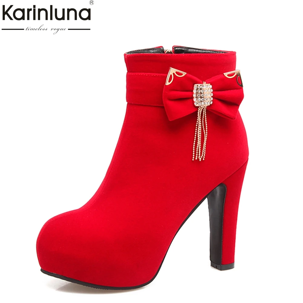 KARINLUNA/ г. Большие размеры 32-43, Милая женская обувь на платформе с бантом модные женские зимние ботильоны на высоком каблуке женские вечерние ботинки