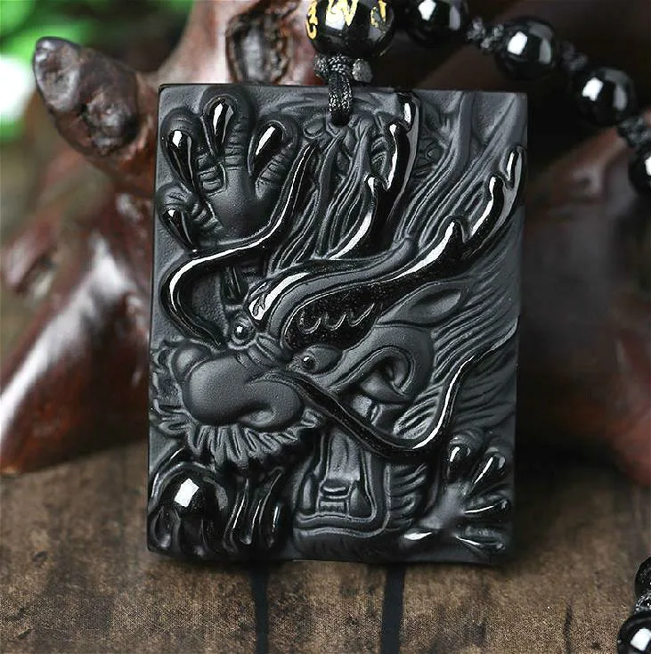 

Natural Black Obsidian Dragon Pendant Beads Necklace Fashion Charm Jewellery Hand-Carved Lucky Amulet Gifts for Her Women Men