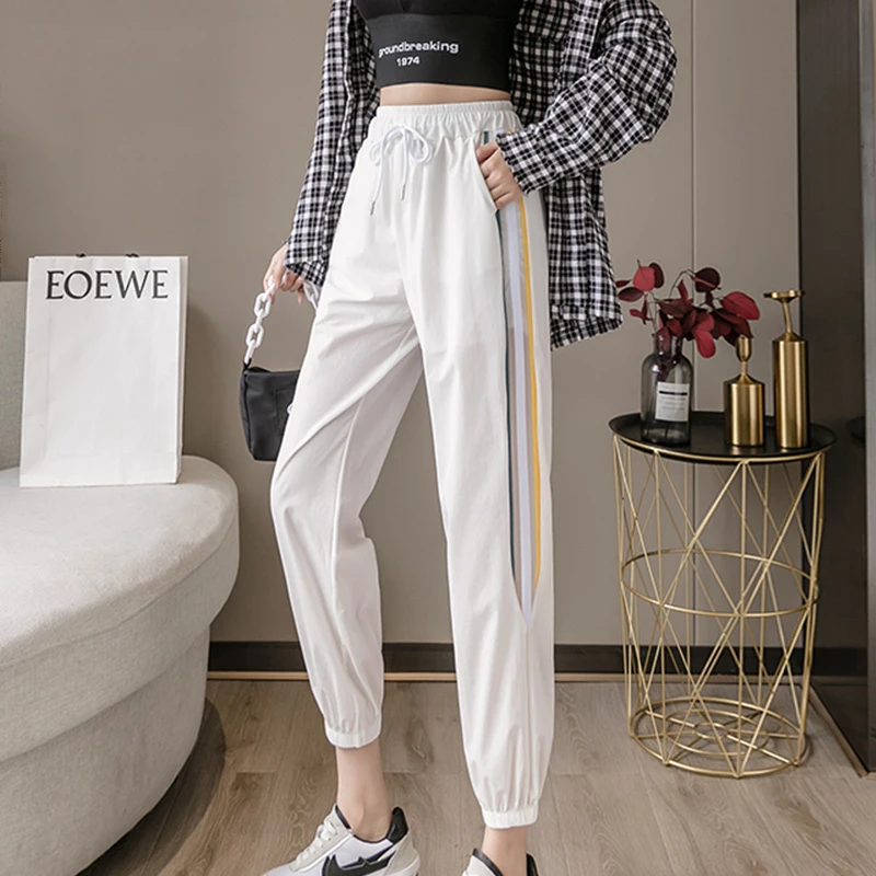 

#2121 Black White High Waisted Streetwear Pencil Pants Women Side Striped Track Pants Female Summer Casual Joggers Women Thin