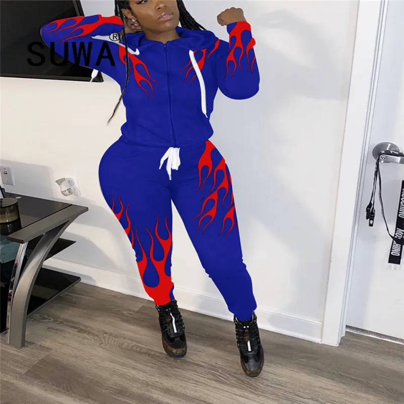 

Women Clothing Sets With Winter Flame Tracksuit Long Sleeve Pullover Sweatshirt + High Waist Joggers Trousers 2 Pieces