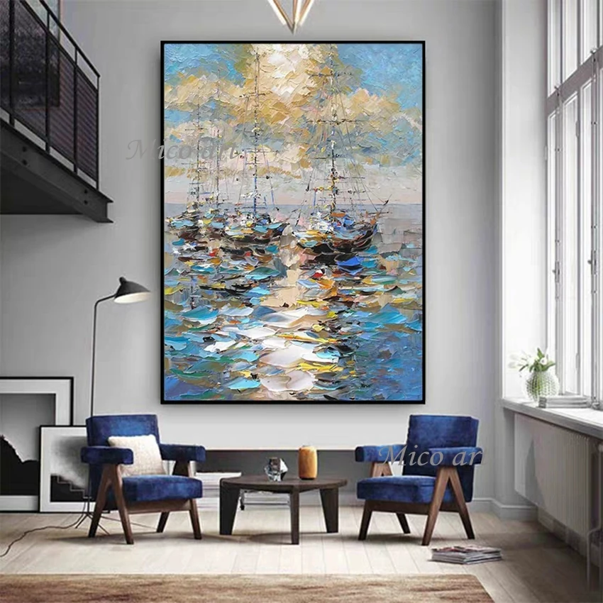 

Abstract Seaside Scenery Heavy Textured Thick Oil Painting Sailing Boat Ship Art Hand-painted Unframed Seascape Wall Canvas Art