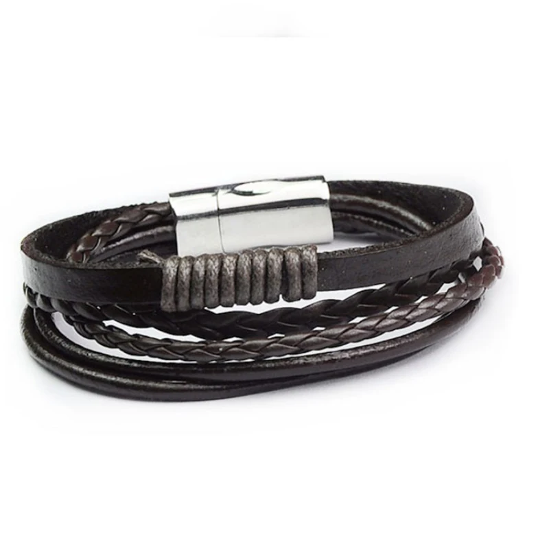 Мужской Магнитный кожаный браслет кнопочный мужской многослойный Плетеный