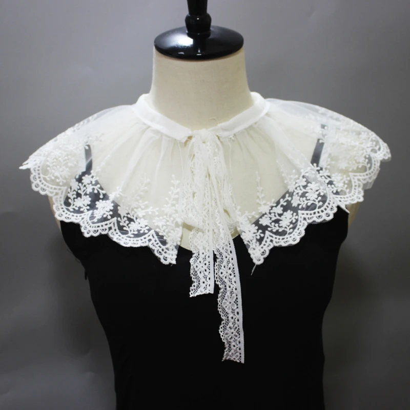 

Pleated Mesh Tulle Fake Collar Shawl Necklace Sweet Embroidery Floral Lace Wavy Trim Half Shirt Dickey Lace-Up Poncho