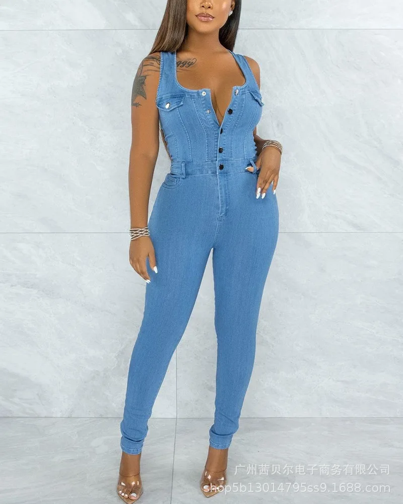 

2021 Модный женский новый стиль комбинезон с квадратным вырезом на пуговицах