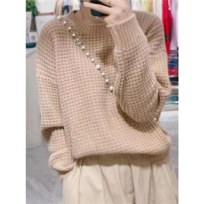 

Korean Style Autumn and Winter Thickened Round Collar Pure Wool Sweater Women Loose Thin Sweater Pure Cashmere Bottom