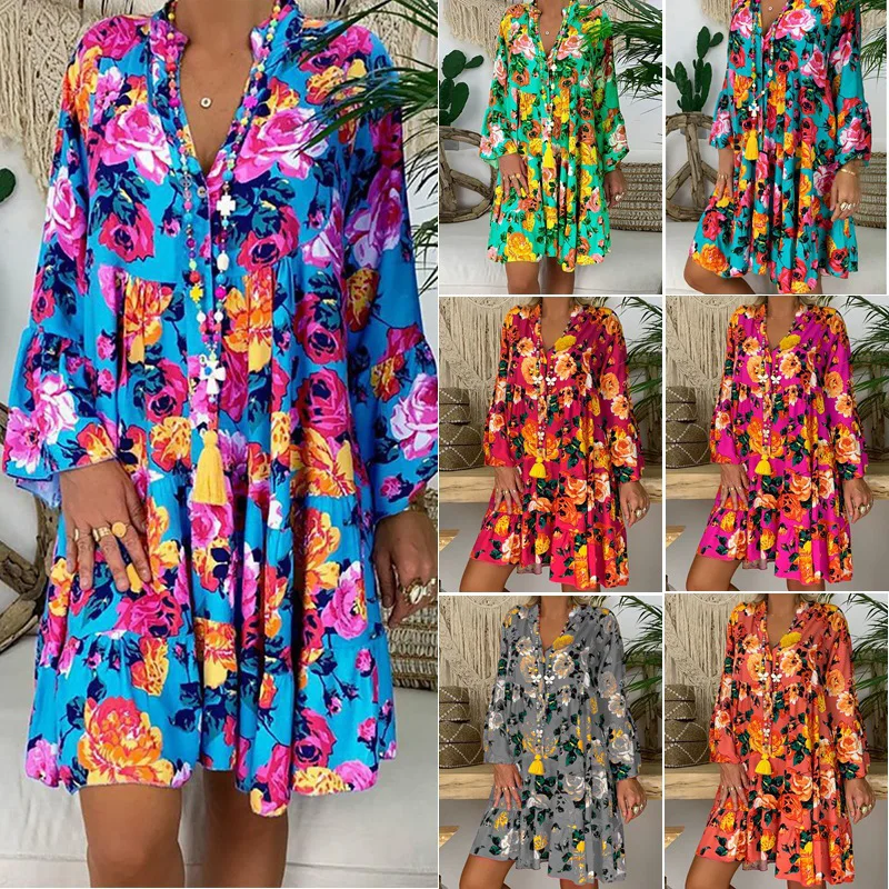 

Fashion Printed Plus Size Women Dresses Summer 2020 Long Sleeve Button Loose Mini Dress Big Swing Boho Dress Women Vestido