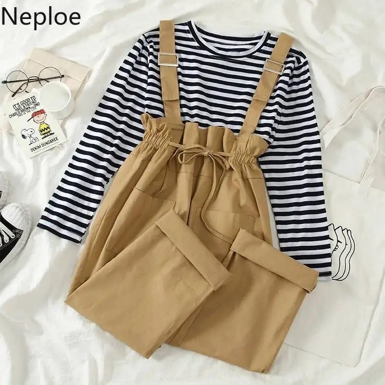 Neploe/Модные женские рубашки из двух предметов костюм с брюками на подтяжках милые повседневные свободные полосатые топы для девочек комплекты со штанами на лямках со шнуровкой 54402