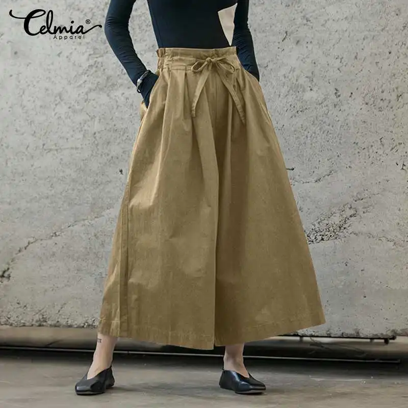 

Women Wide Leg Pants High Elastic Waist Trousers Celmia 2021 Autumn Casual Pleated Long Pantalones Femme Retro Loose Palazzo 7