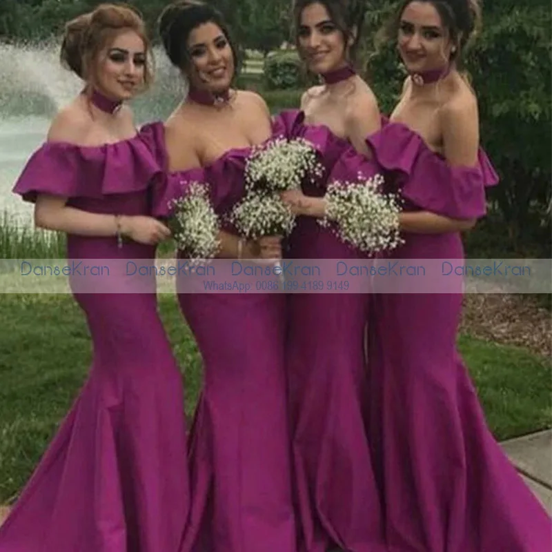 

Ruffle Mermaid Fuchsia Bridesmaid Dresses 2021 Strapless Off The Shoulder Satin Wedding Party Dresses Robe De Soirée De Mariage