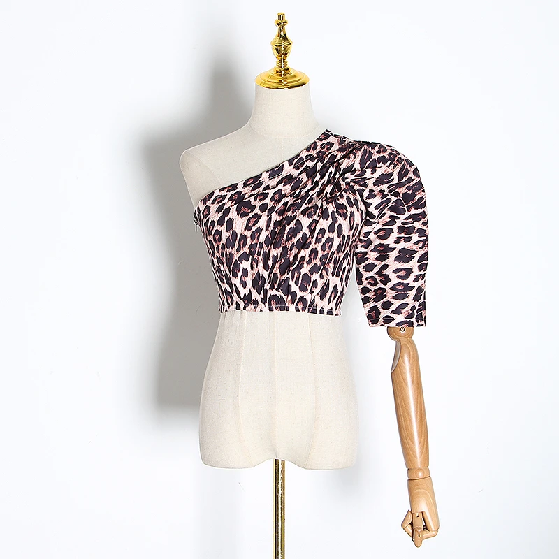 coffee leopard CHICEVER, винтажные леопардовые блузки для женщин, косой воротник, с пышными рукавами, туника с рюшами, нерегулярные женские рубашки, модная одежда - Цвет: coffee leopard