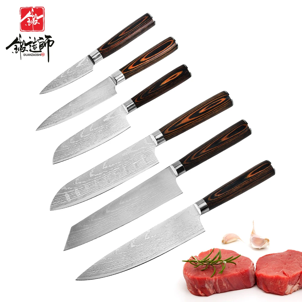 

Damascus, stainless steel laser grain colour wood handle knife universal tool