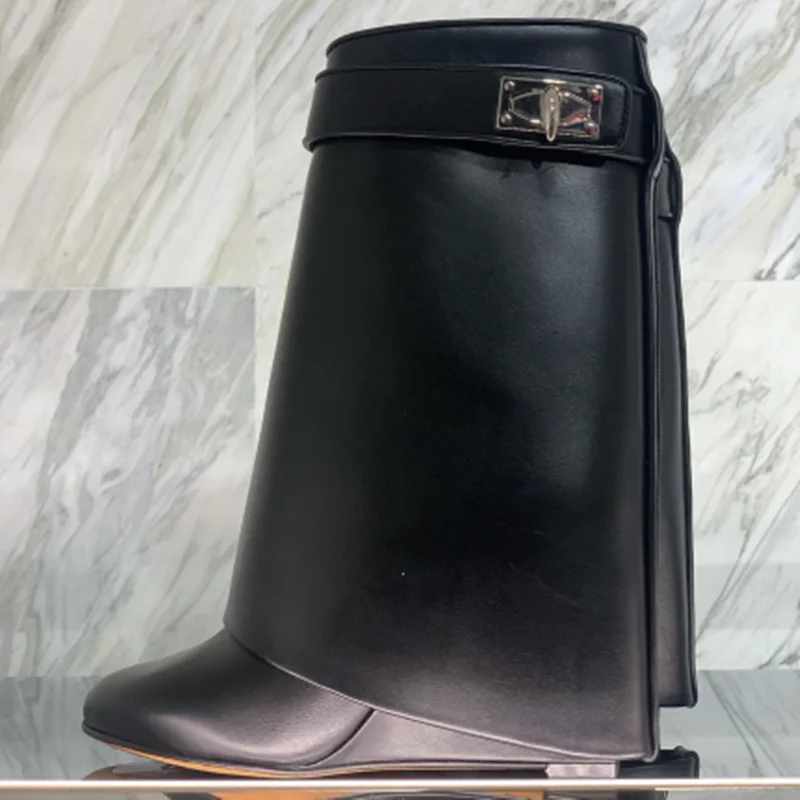 

Shark Buckle Woman Ankle Boots Pointed Toe Height Increasing Shoes For Women Wedges Heeled Ankle Boots Leather Demonia Boots New