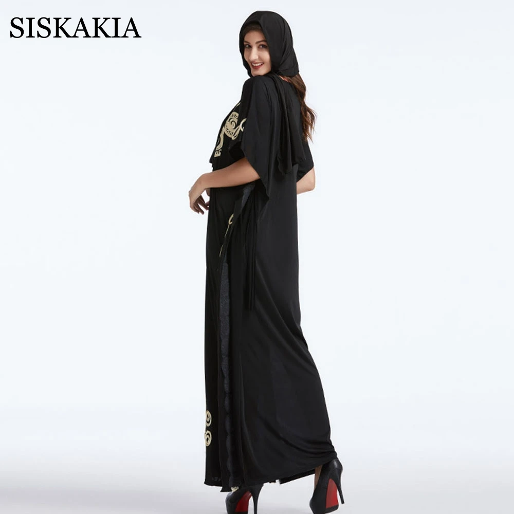Ramadan Kasual Muslim Jilbab Gaun untuk Wanita 2021 Hitam Vintage Etnis Bordir Lengan Pendek Arab Turki Indonesia Pakaian