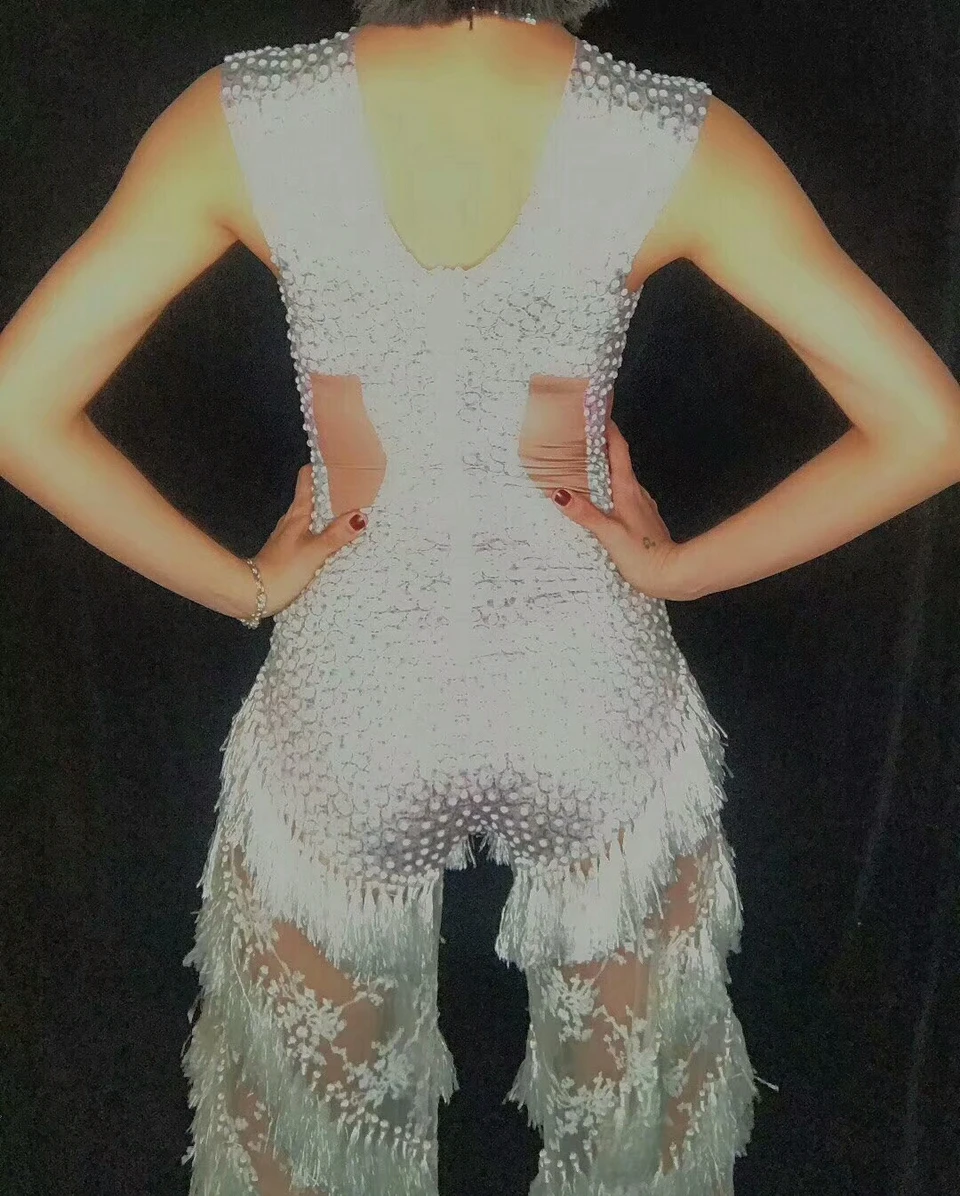 Модный кружевной комбинезон со стразами и кисточками для женщин сценический