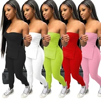 adogirl solid color ribbed 2 piece set women slash neck strapless top pencil pants streetwear summer clothes for women outfits
