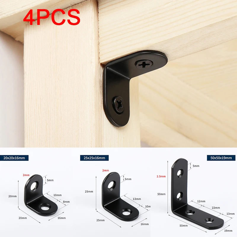 

4pc/Lot Stainless Steel L Shape Fixed Bracket Connector 90 Degree Wood Board Support Black Corner Code Furniture Repair Fastener