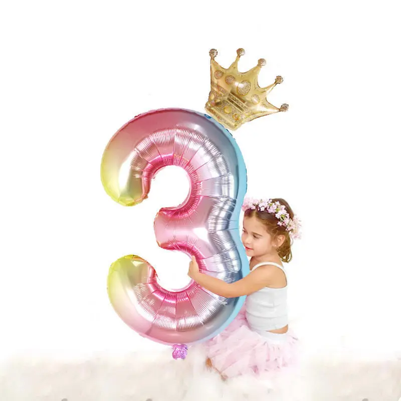 

32inch Aluminum Foil Gradient 12Inch Crown Balloon Birthday Party Decoration Rainbow Digital Balloon