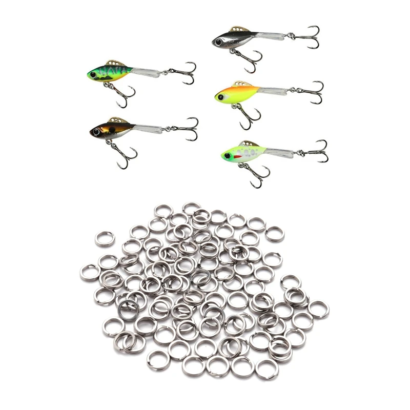 

100Pcs Loop Hot Split Ring Fishing Tackle Hook Connector 7Mm With 5Pcs Winter Ice Fishing Lures 4.5Cm 7.5G Winter Bait