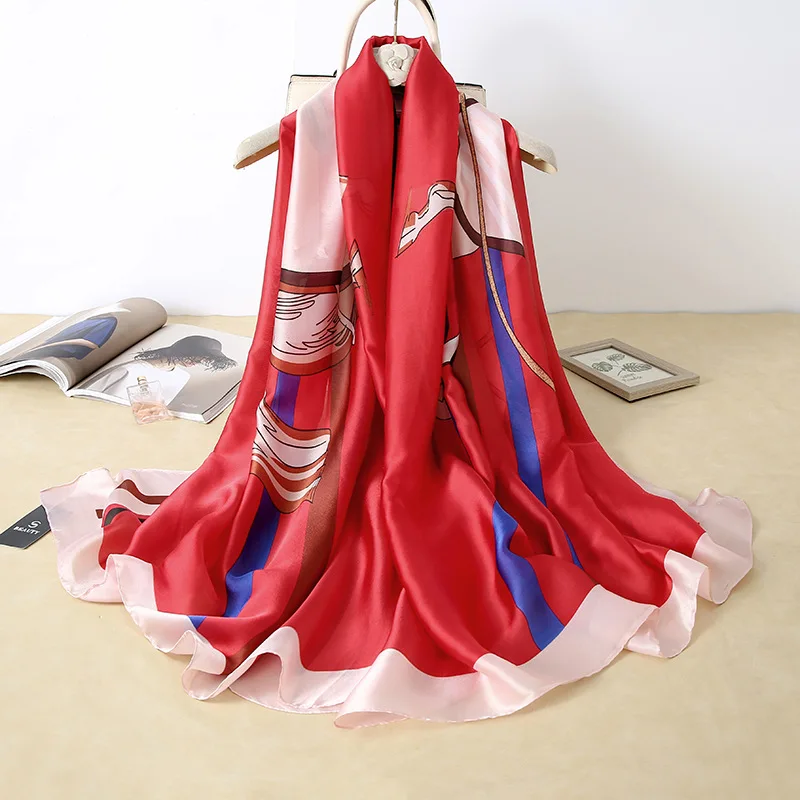 

2021 Summer Silk Scarf Women Print Scarf Flower,Birds,leaf,chains, 100% Natural Silk Wraps Shawls and Scarves 180*90cm Hijabs