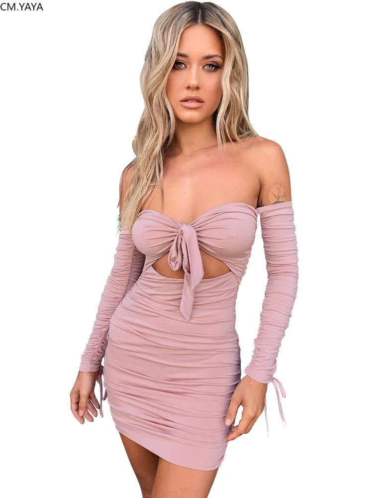 2019 women autumn off shoulder cut out tie up long sleeve drapped midi dress vintage female sexyt party vestidos dresses GL1118 | Женская