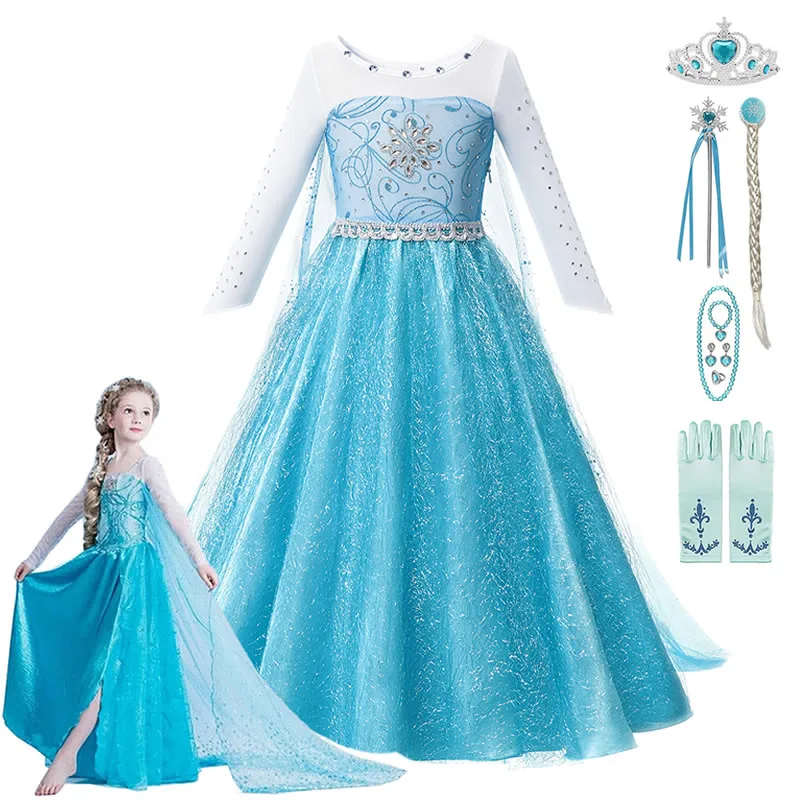 

Kids Elsa Dress For Girl Floor Length Elegant Sequined Princess Frocks Child Christmas Gift Luster Blue Party Costumes