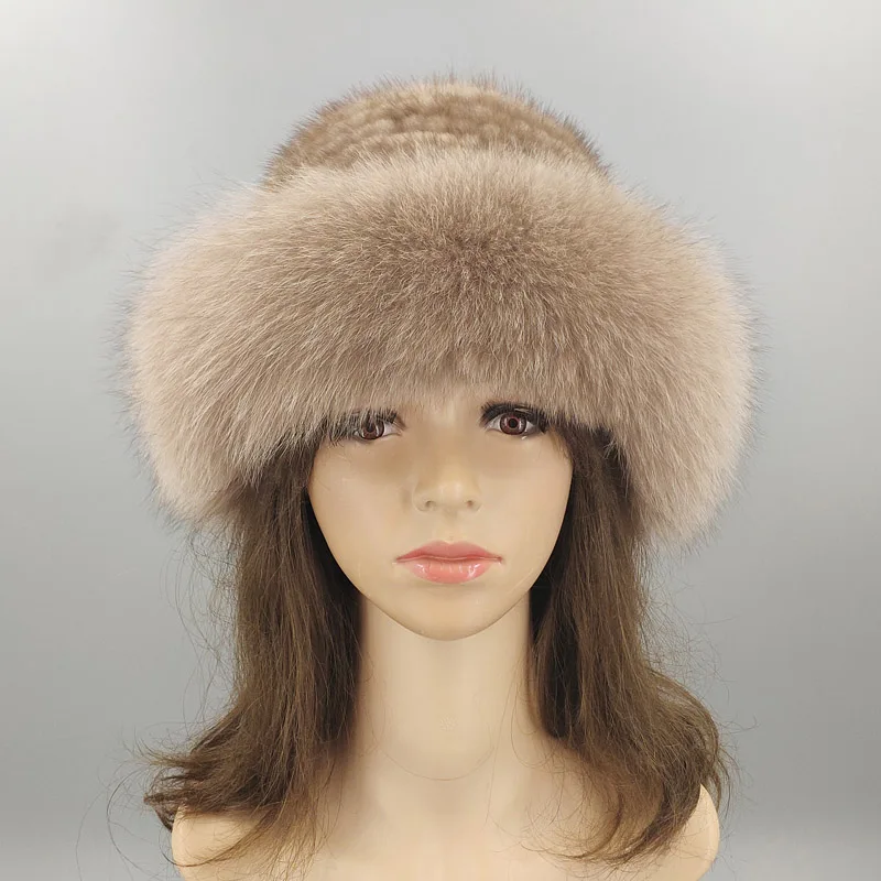 Вязаная шапка s Зимняя с большим краем для женщин и девушек Skullies Beanies шапка плотная Удобная меховая шапка из натуральной норки сохраняющая тепло русская лиса шапки - Цвет: Хаки