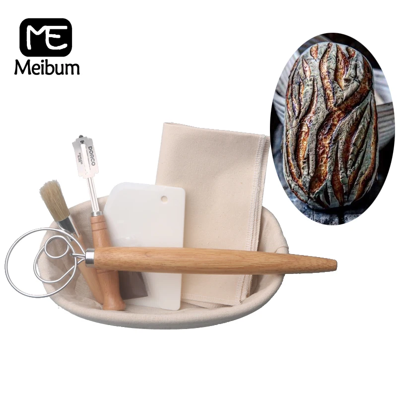 

Meibum 6Pcs Set Oval Banneton Brotform Proving Bread Fermentation Rattan Basket Linen Liner Dough Knife Scraper Baking Tools