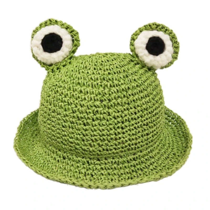 

Toddler Kids Straw Woven Sun Hat Cartoon Frog Wide Brim Sunscreen Fisherman Cap X5XD