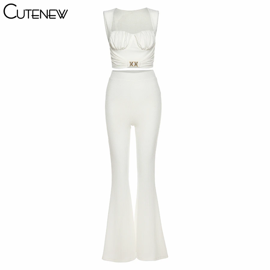 

Cutenew Knitted Elegant Fashion 2 Piece Set Women Buckle Tank+Flare Pants Solid Corset Loose High Waist Stretchy Bottoms Outfits