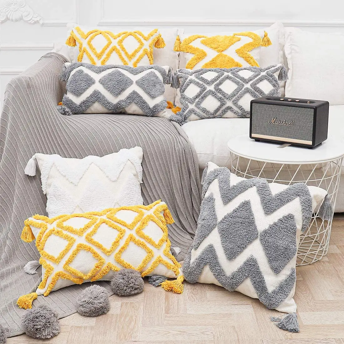 

Boho Decorative Geometric Tufted with Tassels Thick Soft Cream Beige Chair Cushion Chenille Textured Pillowcase