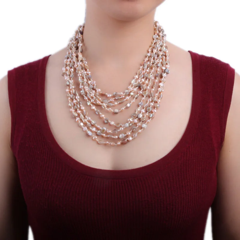 

JYX 2020 Elegant 6*9mm Mother of Pearl shell Necklace Pink Shells Sticks 8 strands pink pearl Necklace 22" beautiful gift