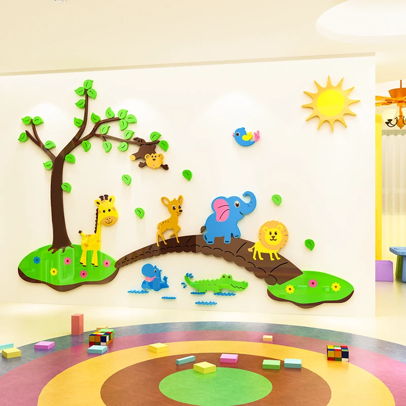 

Lovely animals ring create theme wall 3D kindergarten wall decoration cartoon wall stickers classroom environment layout materia