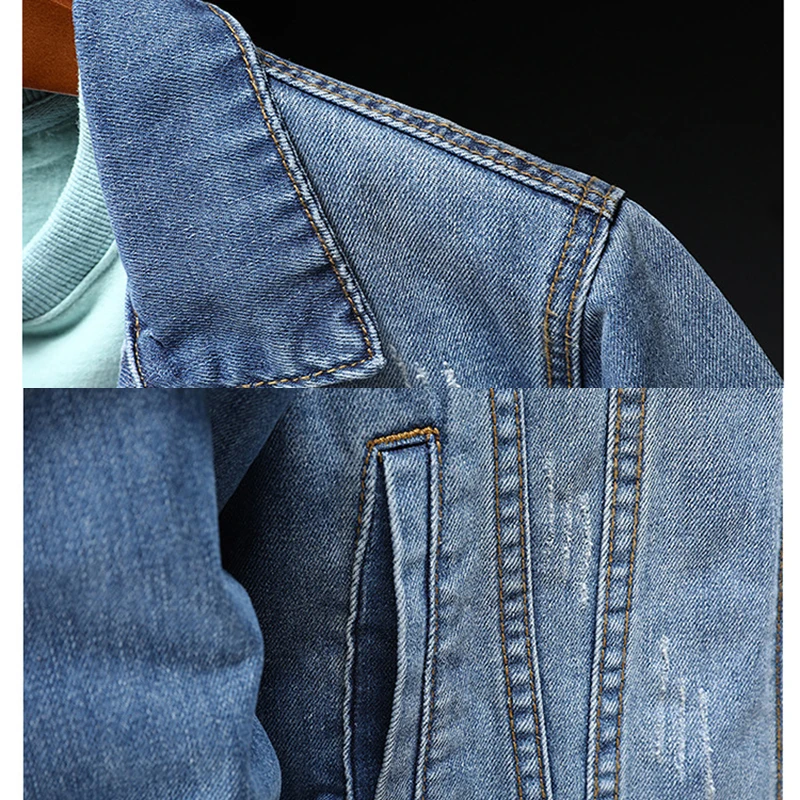 2020 Vintage Denim Jacket Embroidered Indian Slim Cowboy Light Blue Dark Long Sleeve Jeans Coat Large Size M-XXXL | Мужская одежда