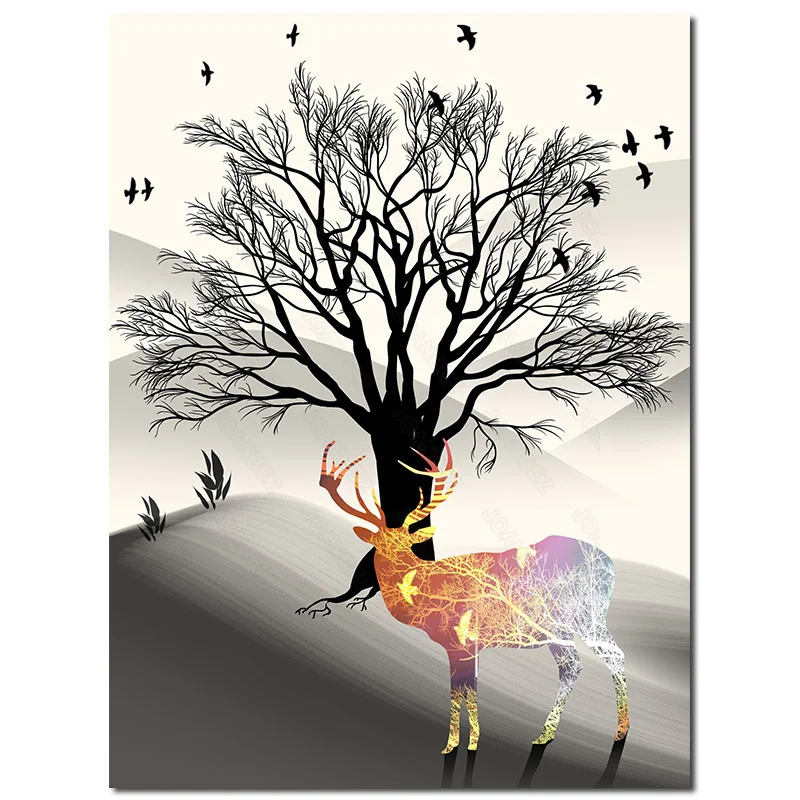 

European Style Canvas Material On The Hillside with Moose and Birds Landscape Picture Background Poster 2 Pc and Living Room
