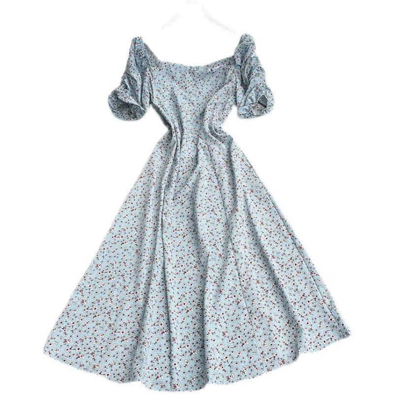 

French dress women's summer reduced age bubble sleeve sweet lace V-neck slim mid length floral holiday dress