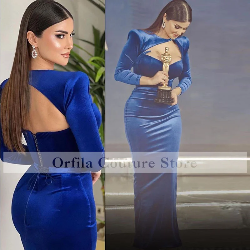 

Royal Blue Mermaid Prom Dress Velvet 2022 Long Sleeves Celebrity Evening Party Gowns Red Carpet Dresses