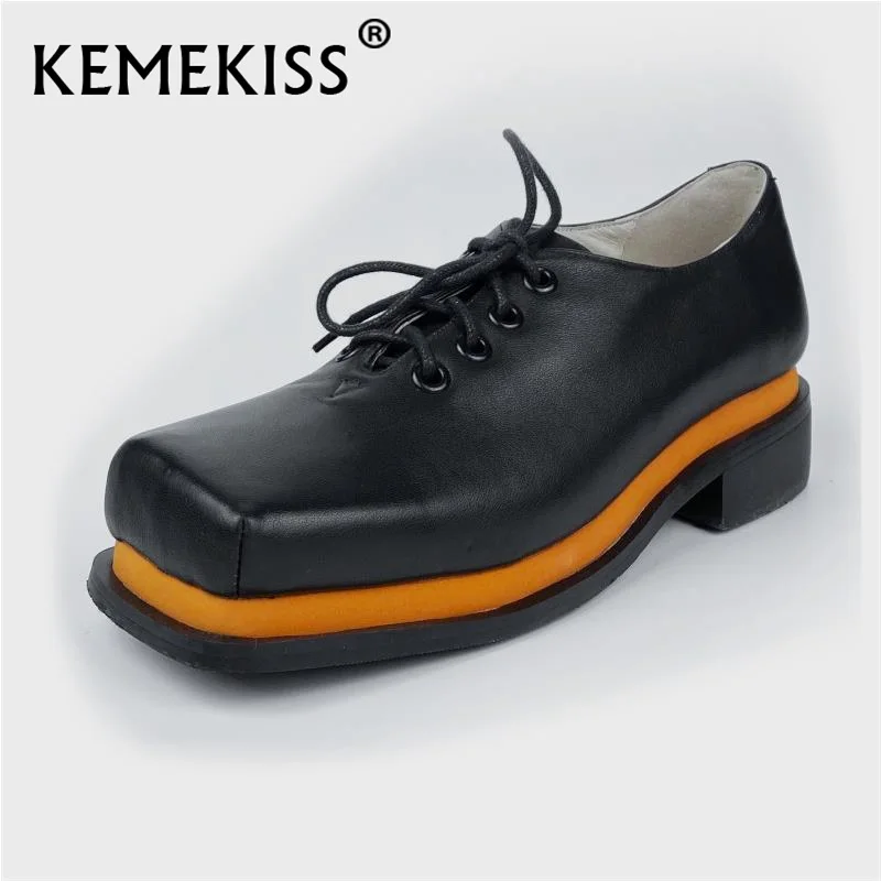 

KemeKiss Size 33-40 Fashion Spring Women Real Leather Flats Cross Strap Square Toe Mixed Color Street Footwear Shoes 2021