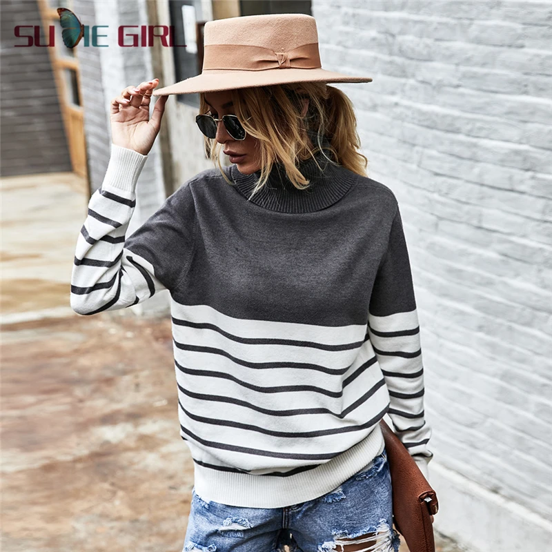 

SUDIE Girl 2020 Fall Net Red High Neck Striped Casual Sweater Women's Top Long Sleeve Luxury New Products