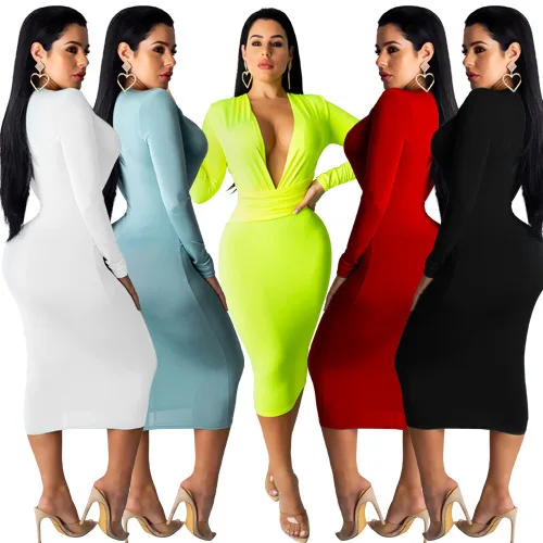 

FNOCE 2020 winter women's dresses sexy nightclub fashion casual elegant solid full sleeve v-neck tight stretch Mid-Calf dress