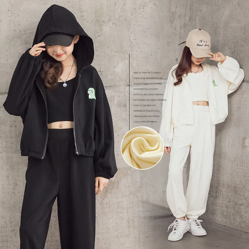 

2021 Teenager Girl Sports Autumn Kids Clothes Zipper Hooded Jacket + Sling Vest + pants Tracksuit Children 8 9 10 11 12 year